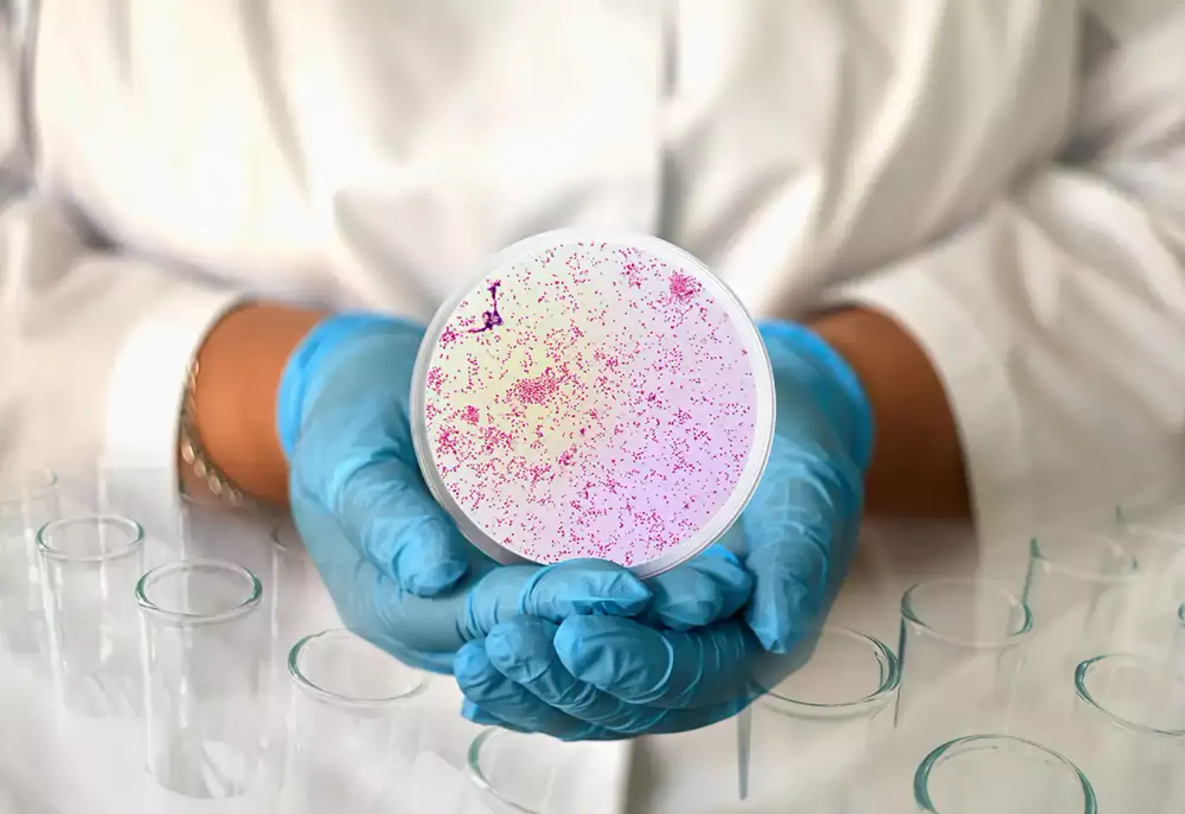 Eine Frau mit Handyschuhen hält eine Petrischale mit Bakterienkultur in beiden Händen.