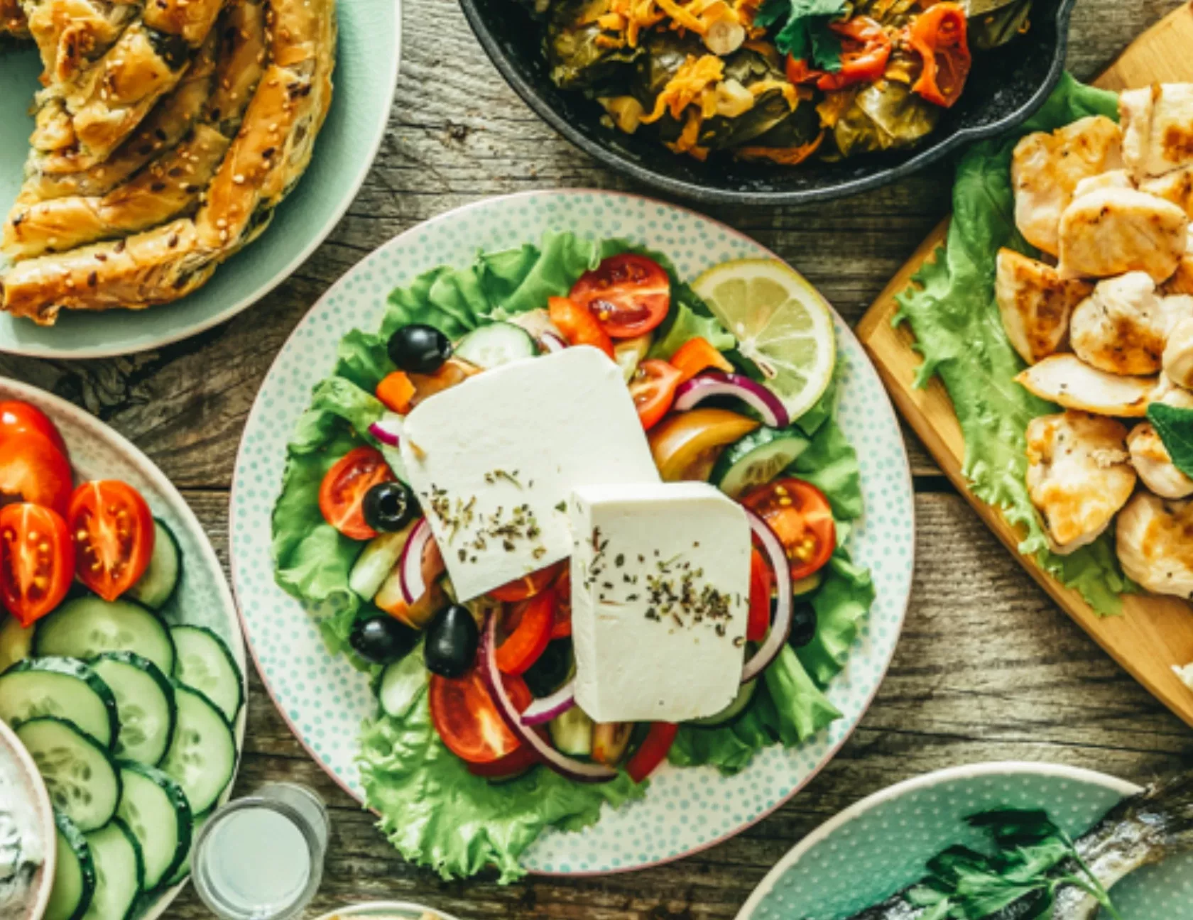 viele appetitliche mediterrane Speisen auf eng gestellten Tellern wie griechischer Salat, Paprika mit Zaziki, Fisch, Gemüse, Pide