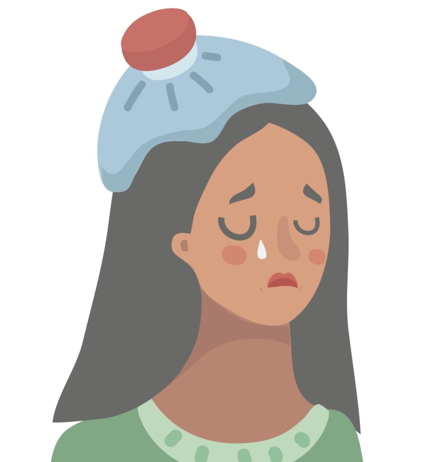 Illustration einer Frau mit Kühlbeutel auf dem Kopf