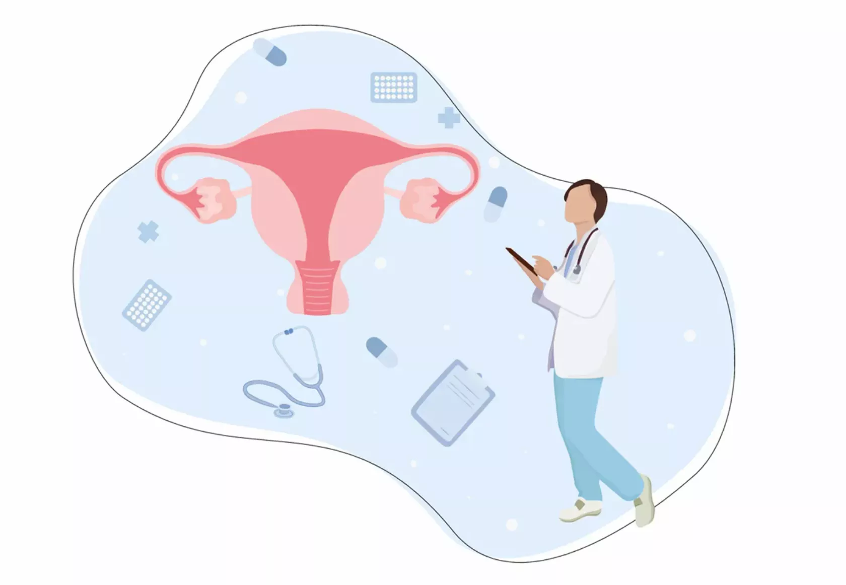 Illustration eine Person und ein Uterus mit Eileitern und Ovarien und medizinischem Zubehör.
