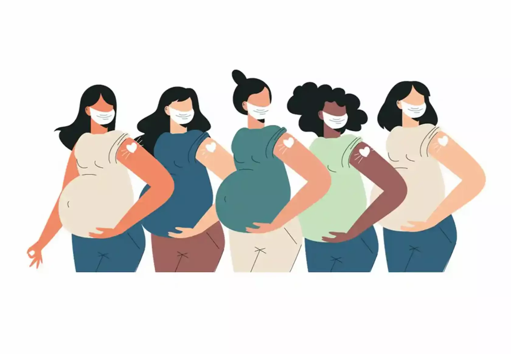 Fünf schwangere Frauen mit Atemschutzmaske