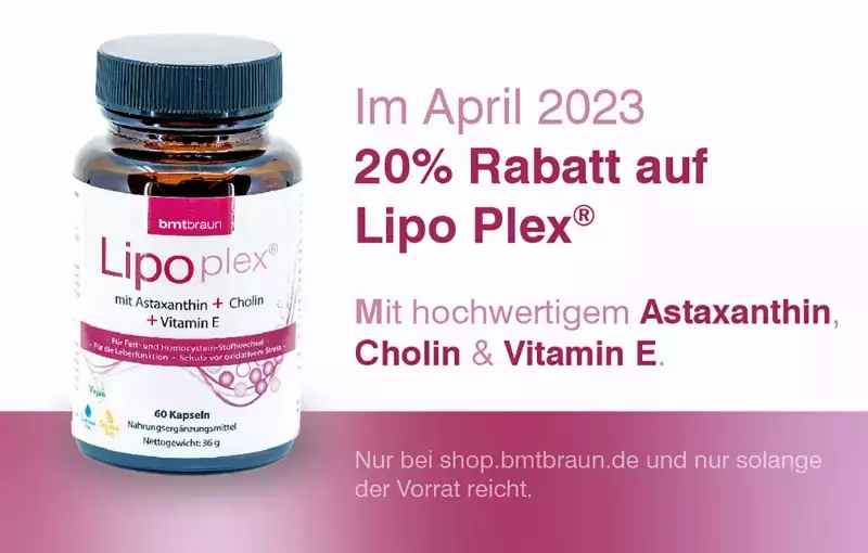 Firmenwerbung für Präparat Lipo Plex mit Cholin, Astaxanthin und Vitamin E- BMT Braun