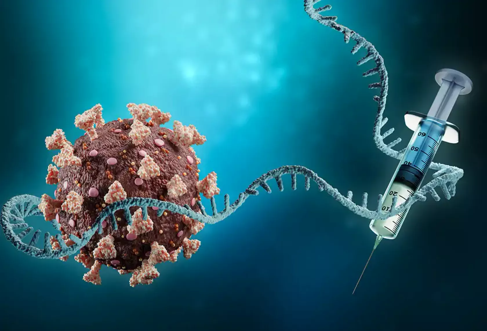 KI-Bild: Coronavirus, DNA-Strang und aufgezogene Spritze.
