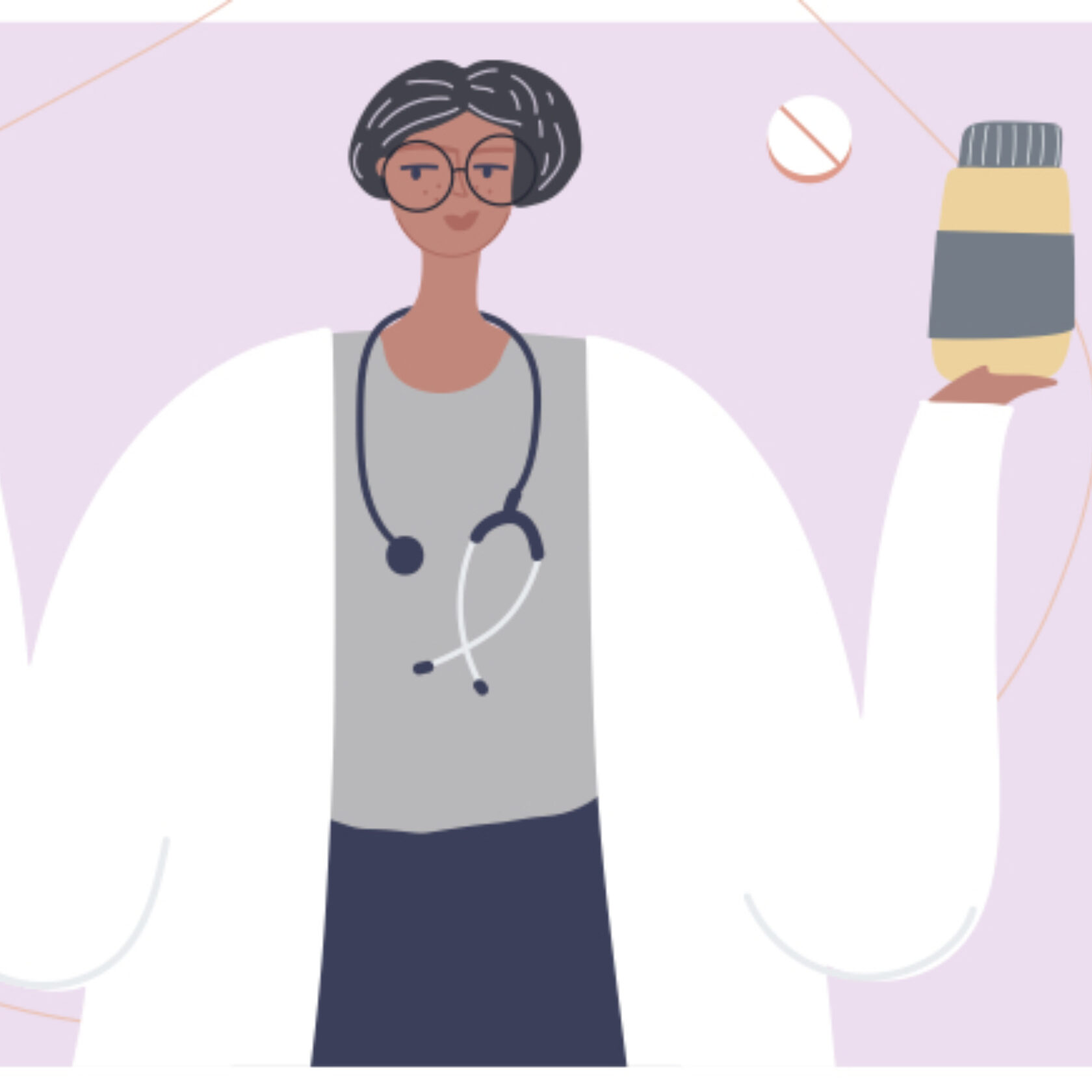 Illustration einer Ärztin die zwei Arzneiflaschen in den Händen hält das heißt die Substanzen gegeneinander abwiegt