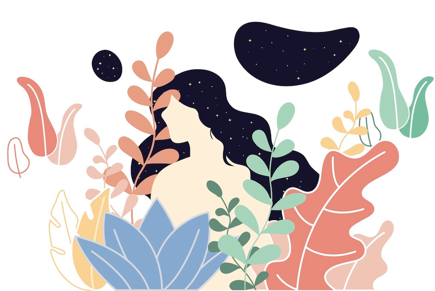 Illustration: Oberkörper einer Frau hinter Blumen und Pflanzen