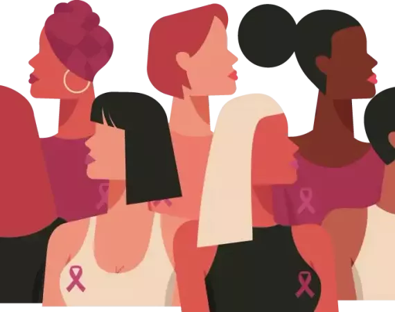 Illustration: Frauen verschiedener Ethnien mit Brustkrebs-Schleife an der Brust.
